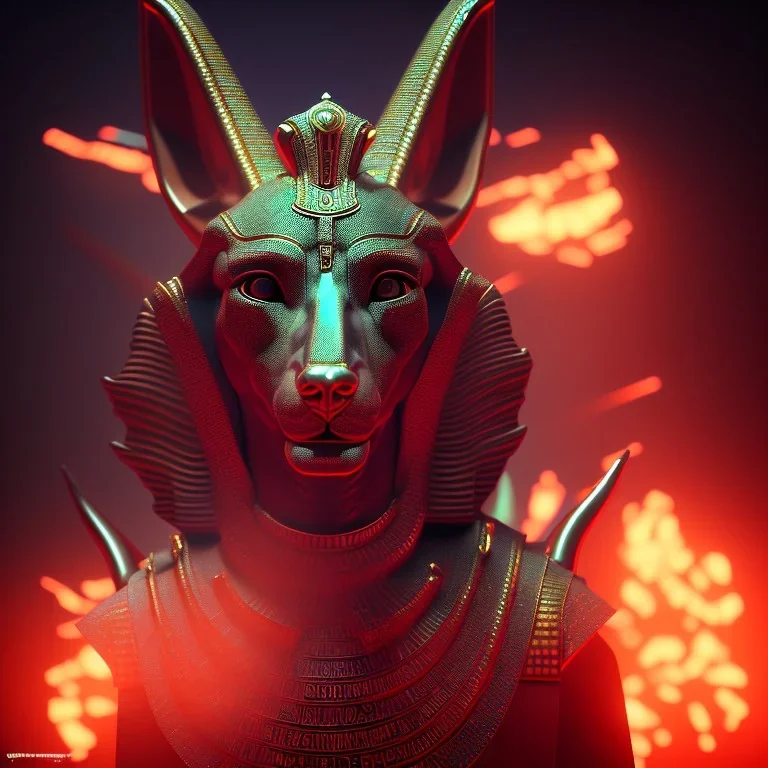 A portrait post-apocalypse of Jackal Egyptian God Anubis ,in a sin city pyramid, sci-fi fantasy style, volumetric lighting, particales,highly detailed,cinamatic,8k,3D,fire and black deep colours,ignore NSFW,