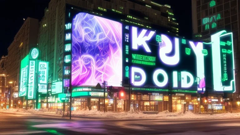 a billboard branded writing ODK Tokusentai , with neon light green and white , in the city center, at night . At Montréal