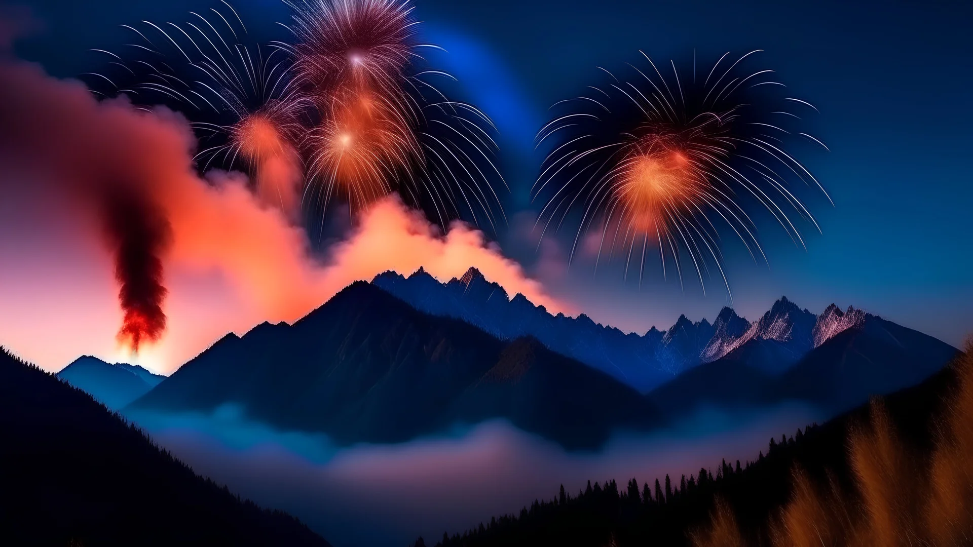 Fireworks in the sky over mountains