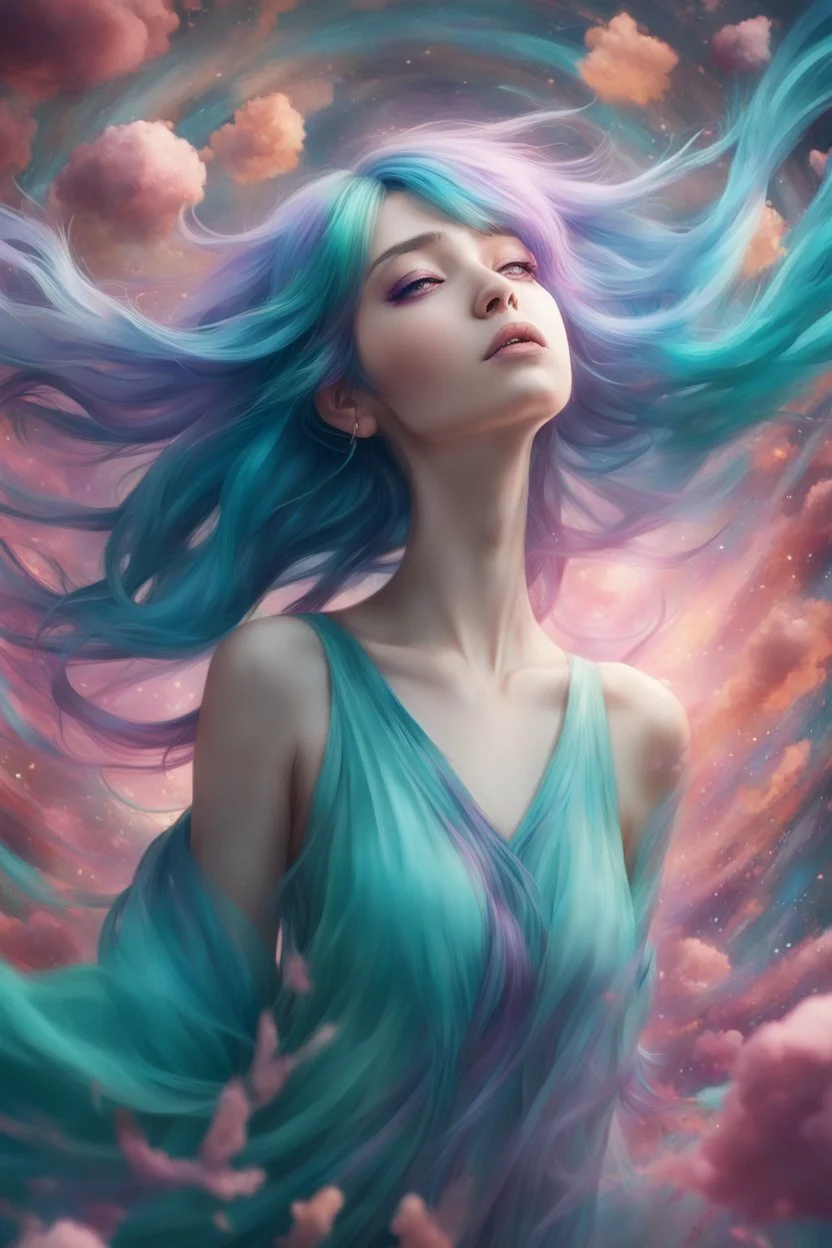 A stunning Anime girl suspended in a kaleidoscope of colors, captured in a photorealistic, cinematic photograph, as if plucked from a dream sequence. Her vibrant turquoise hair flows like a river, contrasting with the muted, earthy tones of her skin, set against a gradient of iridescent pinks and purples, evoking a sense of ethereal mysticism. Soft, cinematic film grain textures the image, infusing it with a sense of nostalgic warmth, as if lit by the flickering lights of a vintage cinema.