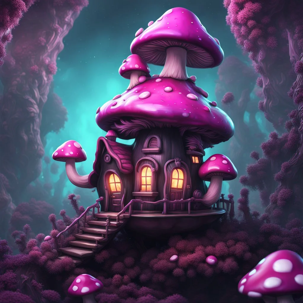 A funny floating mushroom house in space. neutral colors, black purple pink, Detailed gloss Painting, rich color, fantastical, intricate detail, splash screen, hyperdetailed, insane depth, concept art, 8k resolution, trending on Artstation, Unreal Engine 5, color depth, dynamic lighting, splash art, dramatic, masterpiece, excellent quality beautiful Imaginative, unique,