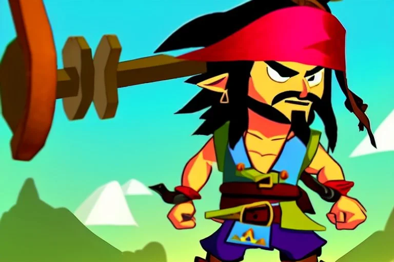 Cartoony and muscular Captain Jack Sparrow, Legend Of Zelda: Wind Waker style, stylized, colorful, adventurous.