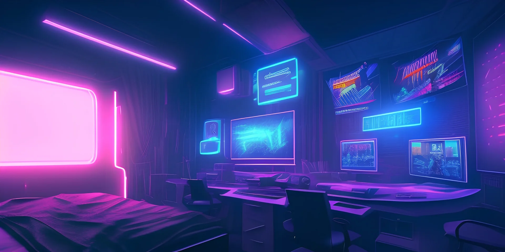 large bedroom. dark mirror cyberpunk style .neon lights. big tv. gaming console