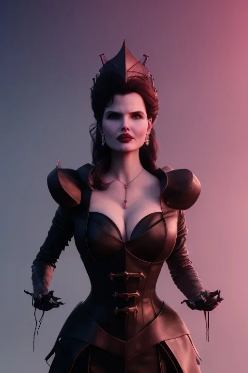 Geena Davis as evil queen in black leather, leather, busty, cleavage, angry, rage, stern look. character design by cory loftis, fenghua zhong, ryohei hase, ismail inceoglu and ruan jia. unreal engine 5, artistic lighting, highly detailed, photorealistic, fantasy