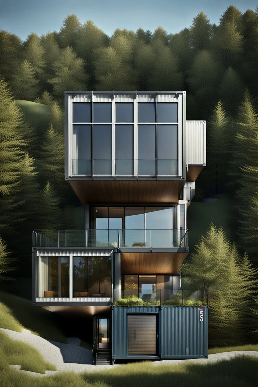Medium-sized modern house made from shipping containers, on a hill overlooking the woods, photorealistic