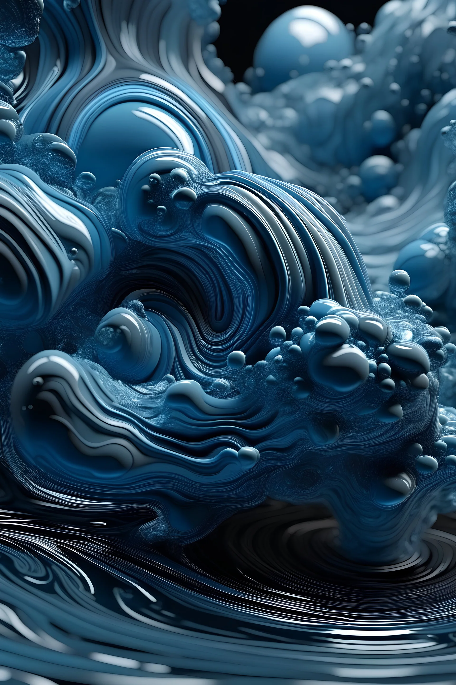 Depict materials in a state of fluidity, perhaps submerged in water or flowing like a river. Showcase how water can cleanse, reshape, or rejuvenate materials. Use cool tones and fluid lines to evoke a sense of constant movement.