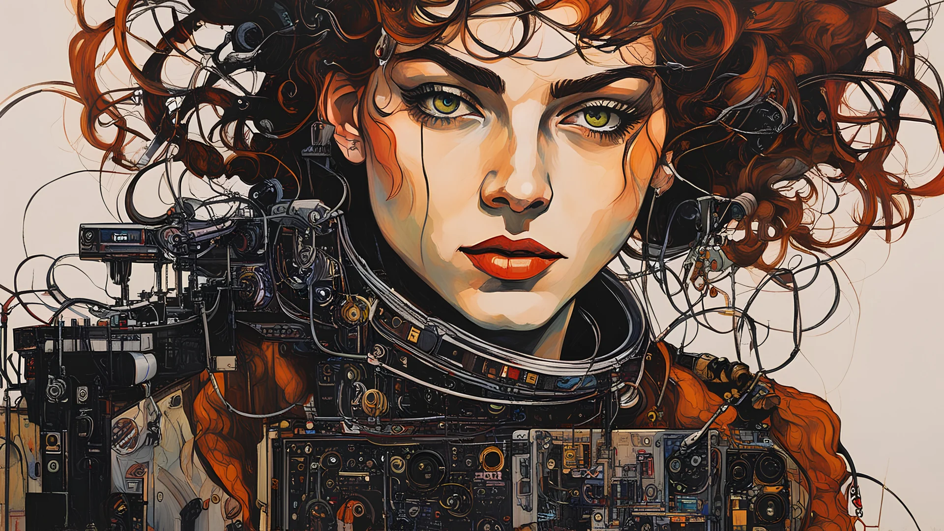 Egon Schiele, abstract expressionist closeup portrait painting of a Diesel Punk girl, with highly detailed hair and facial features playing a large Moog Euro rack modular synthesizer in a funky futuristic dystopian practice space, highly detailed, precisely drawn, finely lined, and boldly inked in vivid natural colors