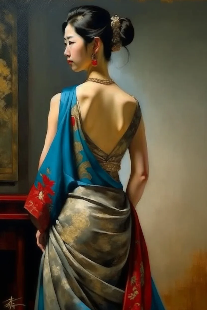 oriental woman with long dress looking back neoclassism whole body smiling painting looking over her shoulder looking into the camera