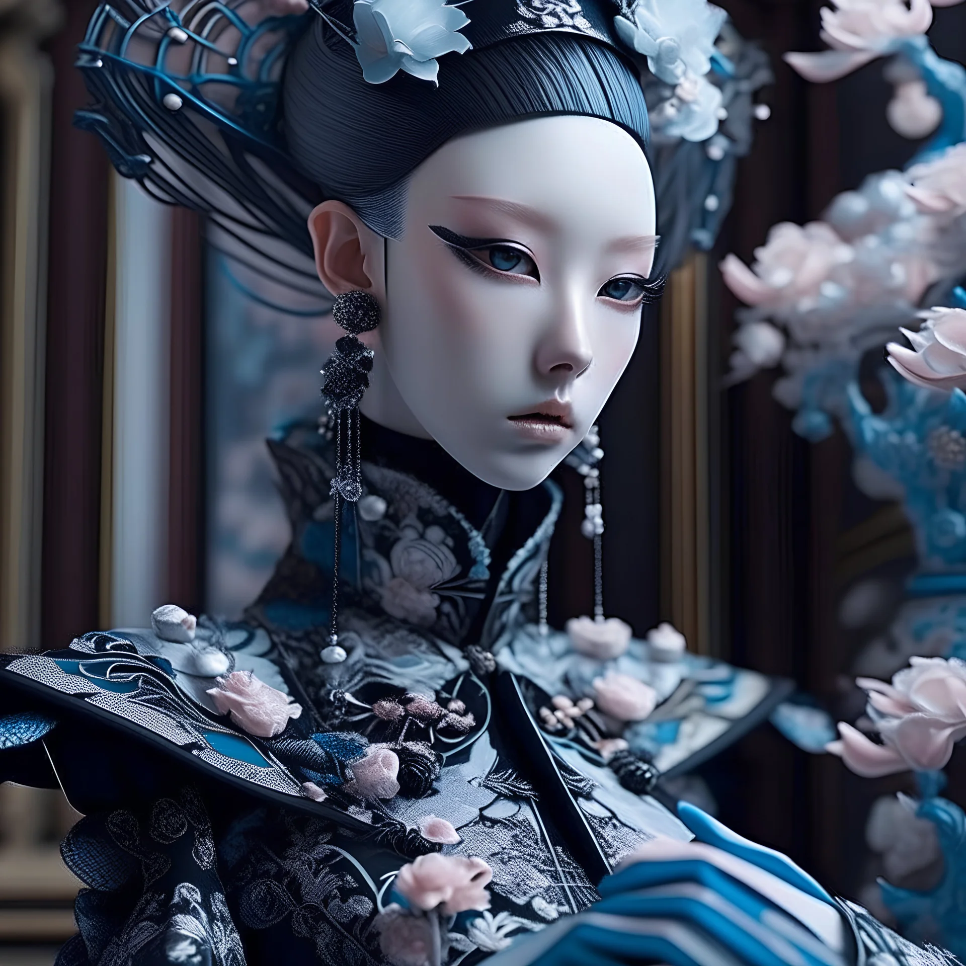 interior room, haute couture, black, intricate details, pastel colors, futuristic outfit, extraordinary makeup, japanese porcelaine doll, gorgeous, weird, serious, 4k