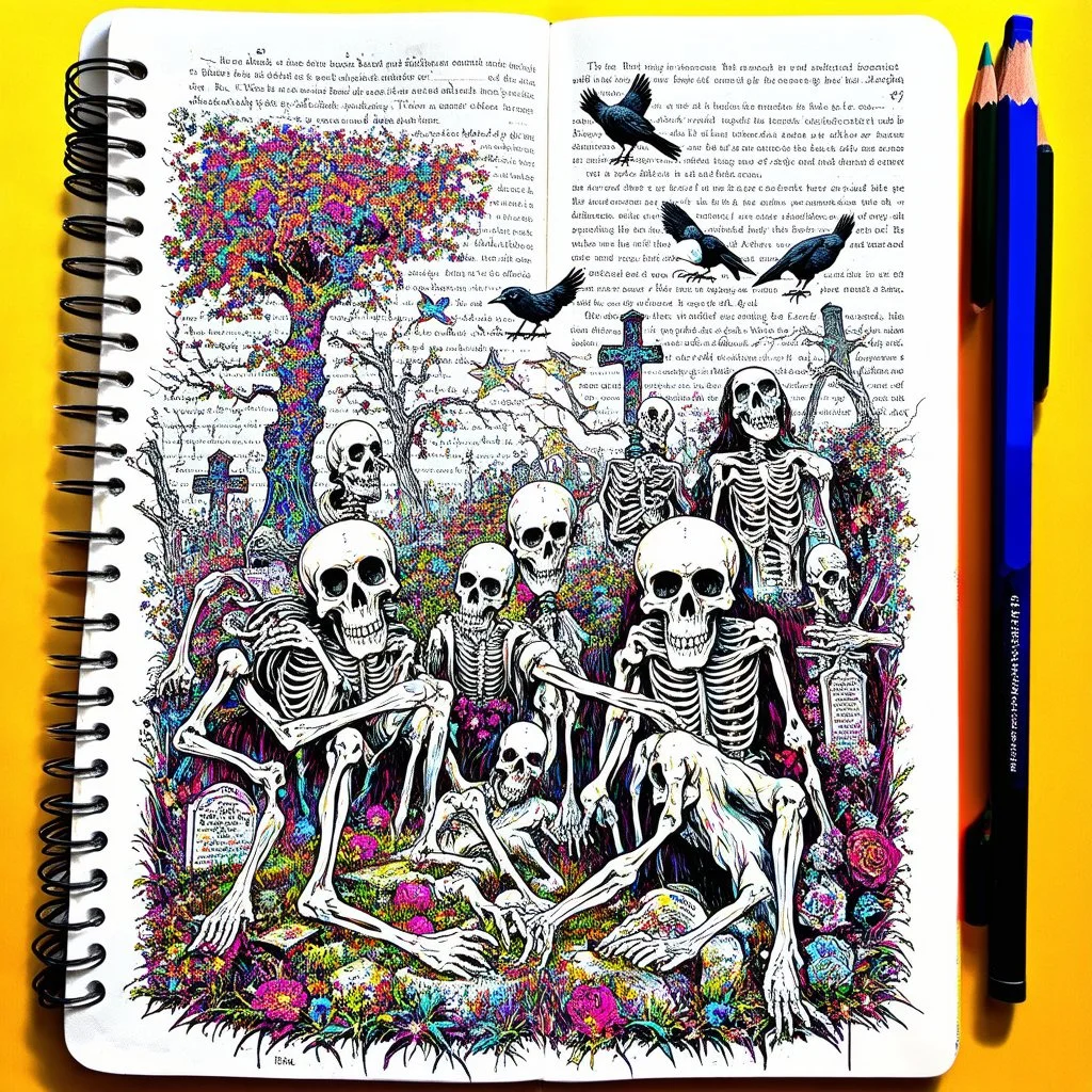 rich color pencil hand doodle sketch on a spiral binded notebook page, chaotic psychedelic cemetery scene with wacky skeletons and crows in the style of Kenny Sharfe and Jim Woodring, maximalism