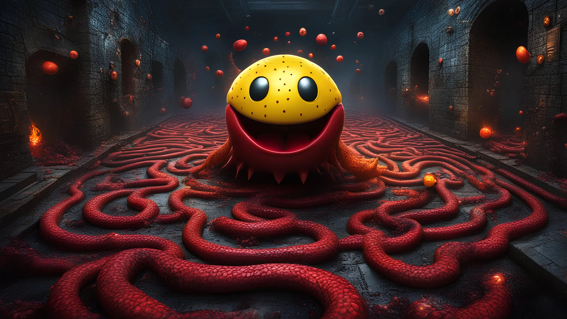 A full-body digital painting of a crimson Pac-Man monster with yellow eyes chasing colored ghosts in a maze, bloody messy horror, dead decaying flesh, horror, trypophobia, eerie, dark fantasy; hdr, UHD, txaa, dreamy, Anger, fire, snake eyes, goodbye, Warm lighting, rage, extreme emotion, Highly detailed, art by agnes cecile, sharp focus, sad, heartbreak, blurred reality, fading away, Tree roots as veins, broken glass, broken heart, ripped up roots, crying, dendritic, eldritch,