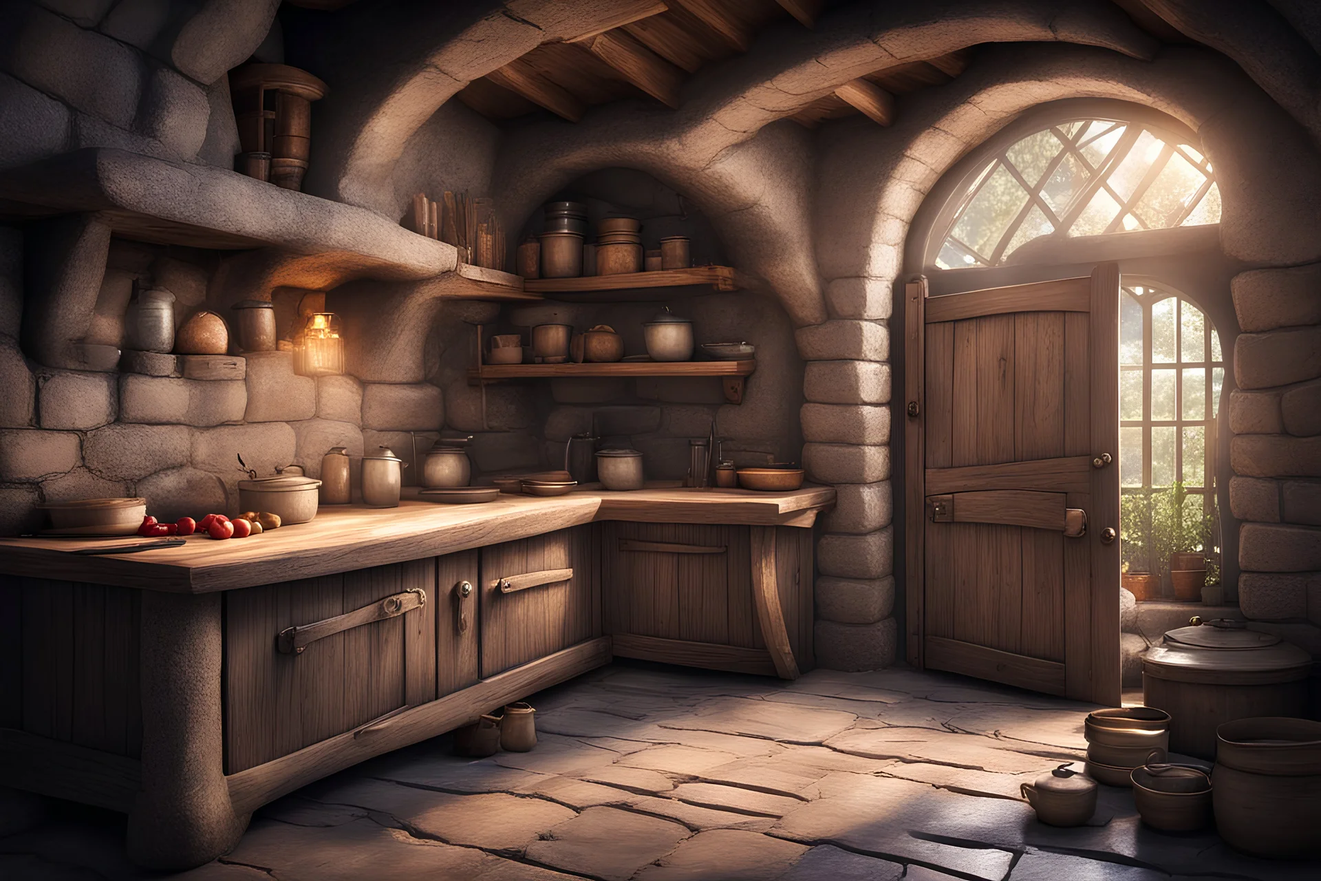 fantasy medieval kitchen with an open door