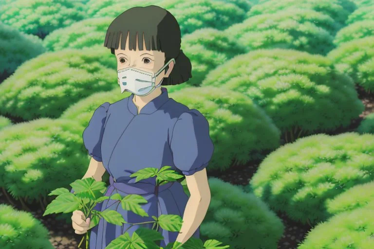 A triumphant portrait of Yui, her face covered by a respirator but her eyes gleaming with hope, holding a sprouting seedling from the mythical plant against the backdrop of her rejuvenating biodome. The encroaching solar punk aesthetics are evident as new, sustainable structures rise amidst the lush greenery.