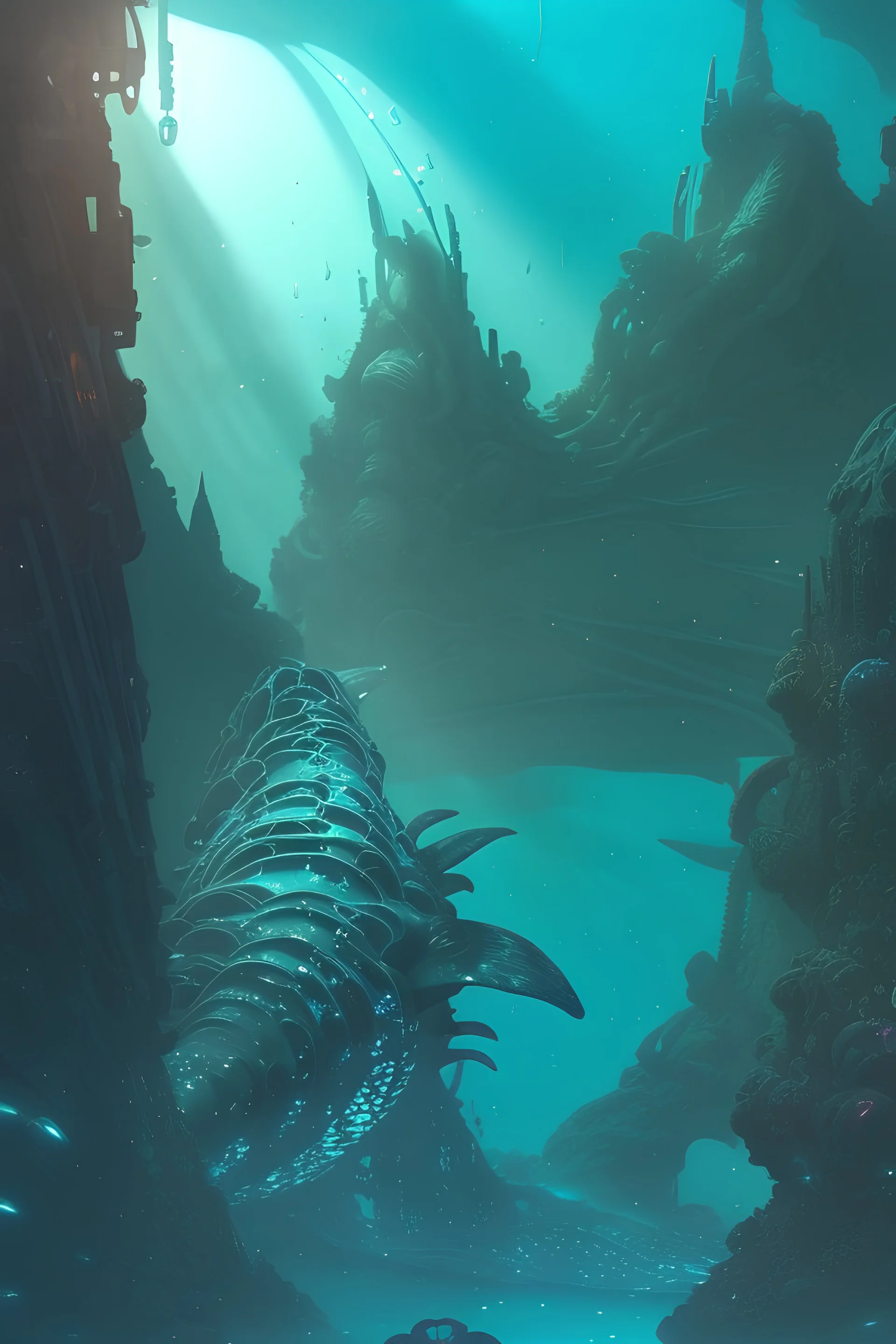 An underwater cityscape teeming with aquatic life and fantastical architecture that seems to defy gravity, with coral-covered buildings and glowing, bioluminescent streets. A diverse array of marine creatures swim through the scene, adding a sense of vibrant life and movement to the image. 16K resolution, rich, deep colors, and imaginative details.