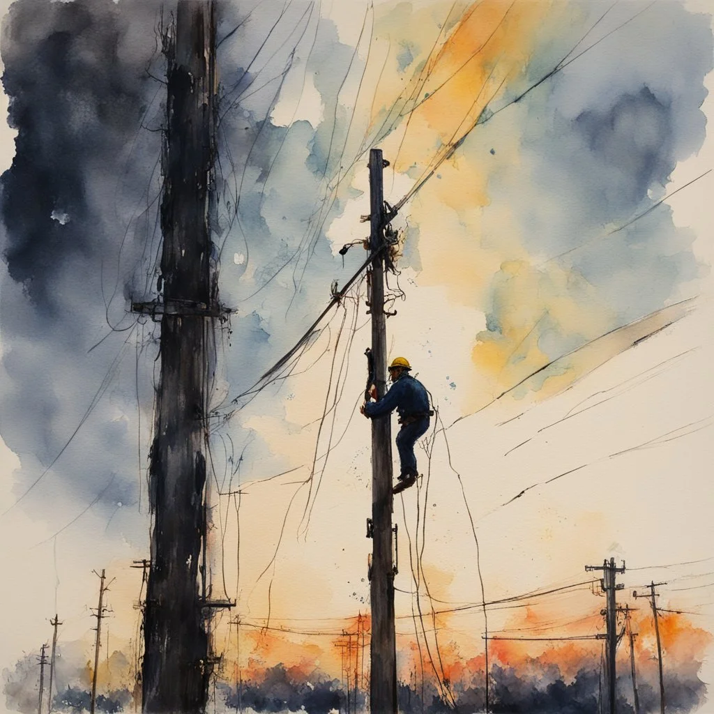 long shot perspective of electrical worker doing line work on a telephone pole, impressionism, watercolor painting, medium brush strokes, dark background, ink splatter, depiction of light in in its changing qualities, romantic, nostalgic, by Claude Monet and Bill Jacklin, dynamic diagonal composition, warm colors