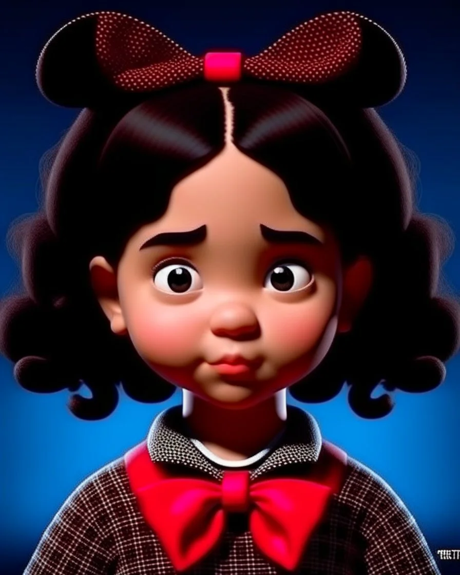 3D. Hyperrealistic photograph of Mafalda in real life, with a bowtie or butterfly type bow on her head. Straight hair. (((Whole body)))