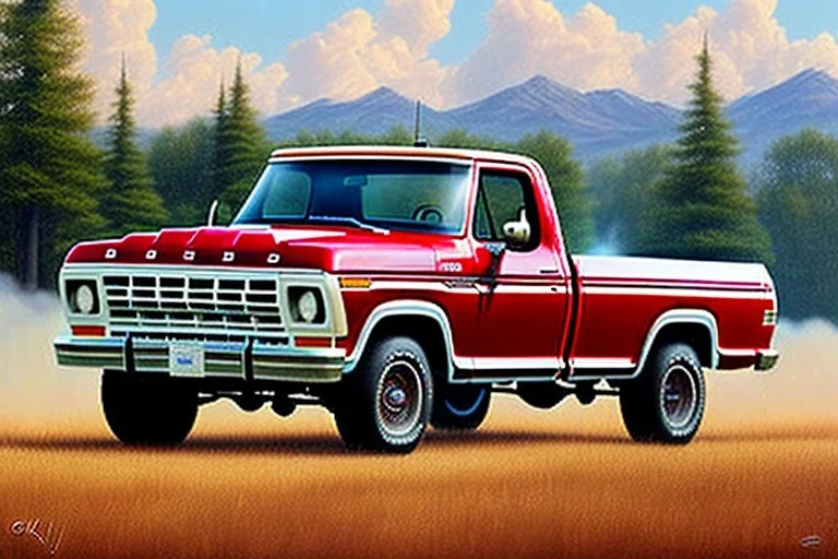 a true-to-life 1978 ford f-150 truck, centered, intricate, extreme detailed, photorealism, center view, farm background, pivot on ford, pen and color marker, painting by cheryl kelley