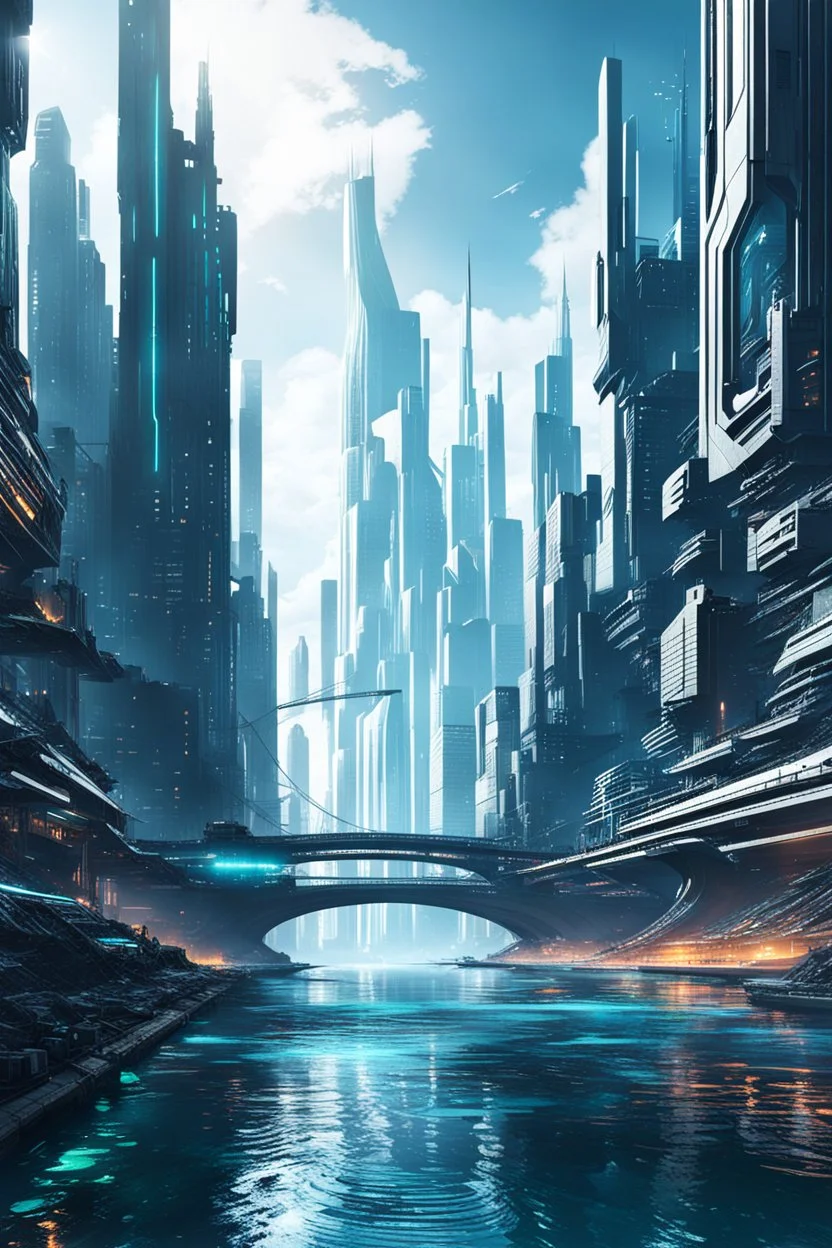 a large river in a futuristic world, large buildings, cyberpunk style