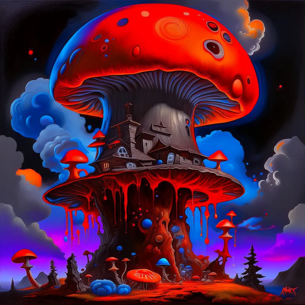 A fantabulous black, orange, and blue (((mushroom tower house))) erected atop a (geologic pillar), surrounded by the uncanny imaginative ((( swirling skies))), offset by the stark hues of a (neon-tinged nebulous space scape), within. captured by the hand a skilled master painter with a focus on (softly blurred compositions and voluminous lighting).