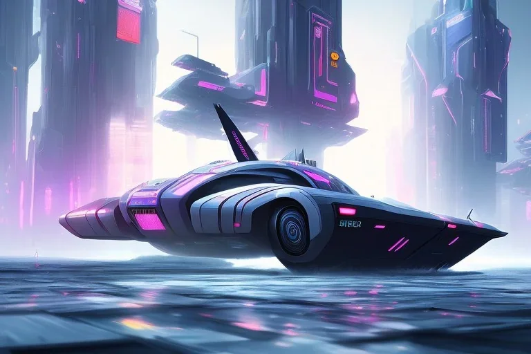 Futuristic formula hovercraft, cyberpunk style, fog