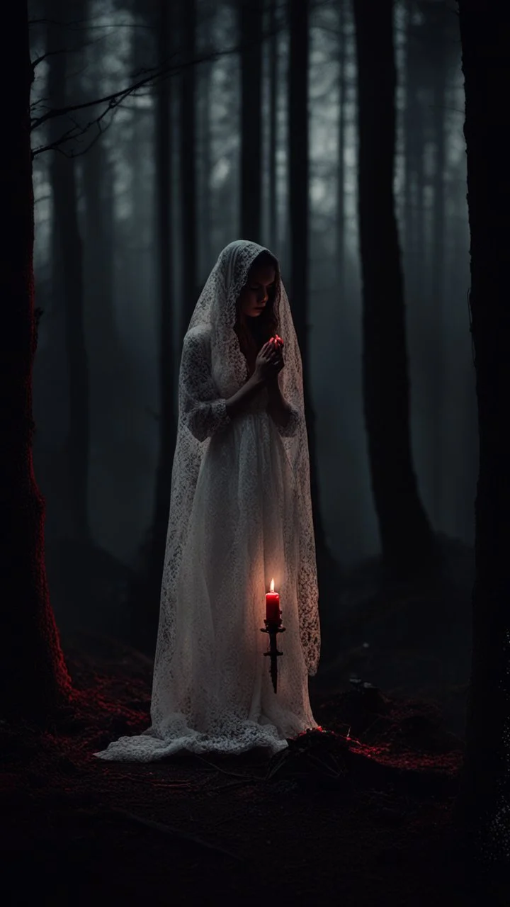 girl alone wearing lace veil with blood on it praying in the forest in the dark.cinematic.candles all around her