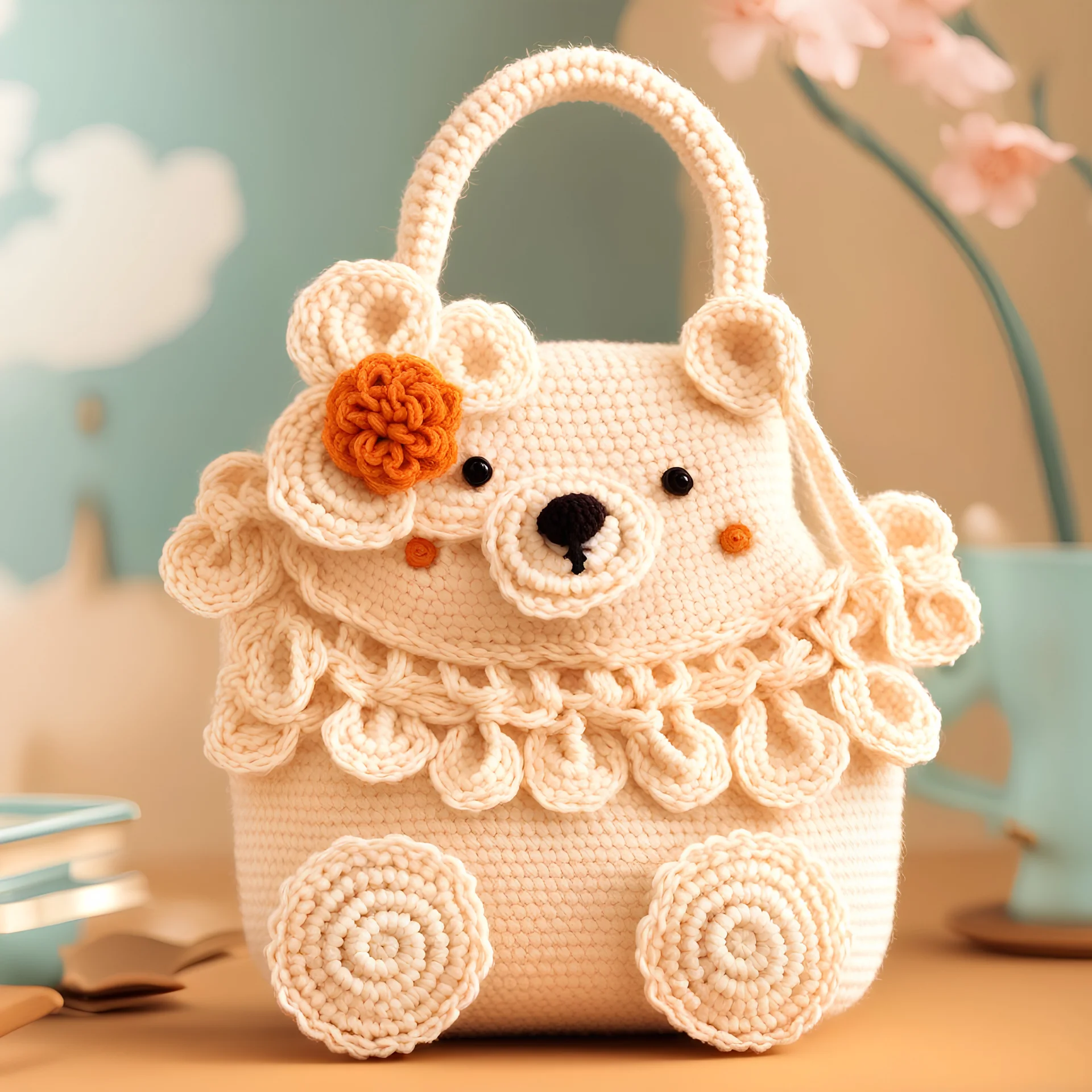 Design a charming illustration of a crocheted children's handbag inspired by a cute bear motif, featuring intricate stitching and playful details. The handbag should be adorned with vibrant colors and whimsical embellishments, such as bows, tassels, and pom-poms, creating a delightful accessory for kids. Ensure that the drawing captures the essence of childhood innocence and imagination, with every detail intricately depicted to showcase the craftsmanship of the crocheted bag.