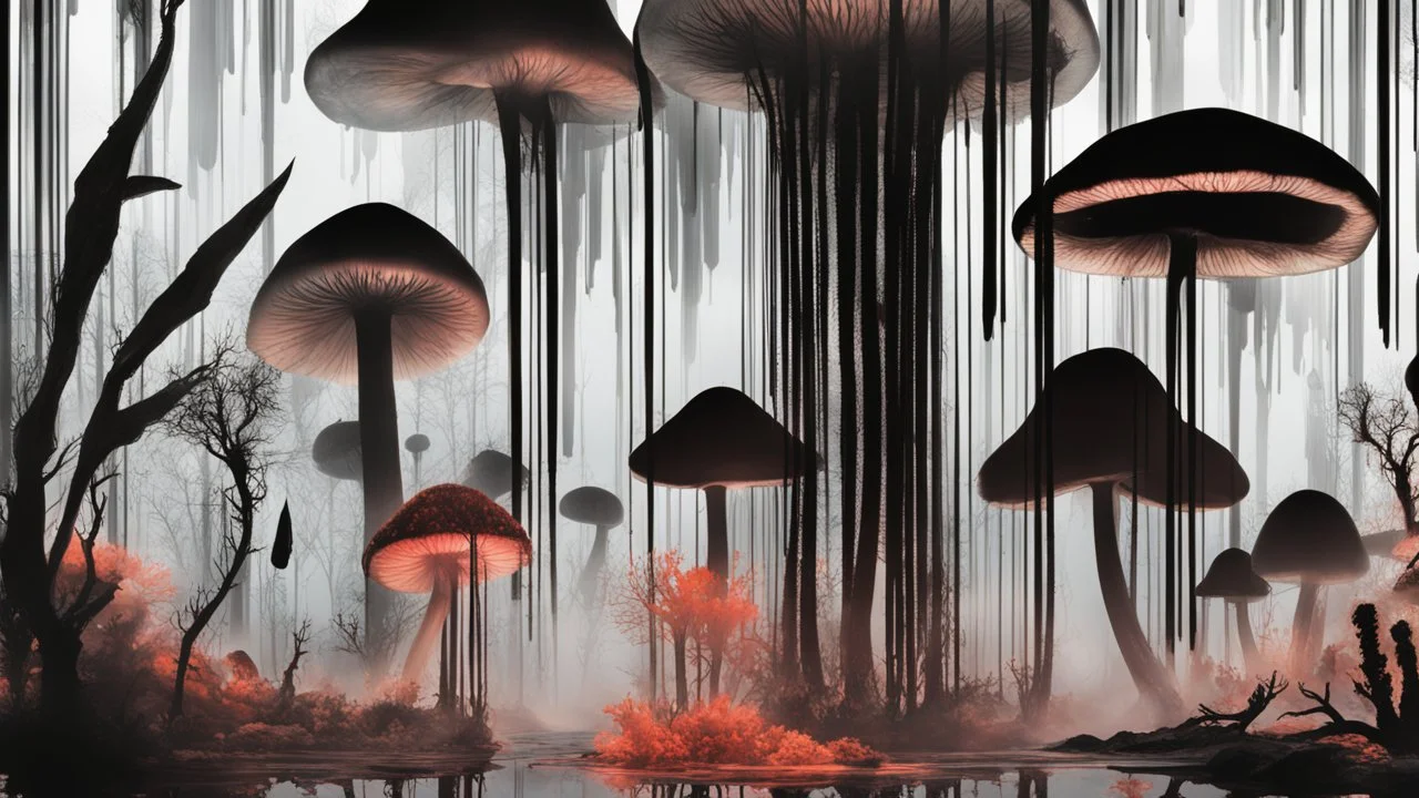 Exotic Flora, fauna, mushrooms, fungi and coral dripping black liquid in a Multiverse background