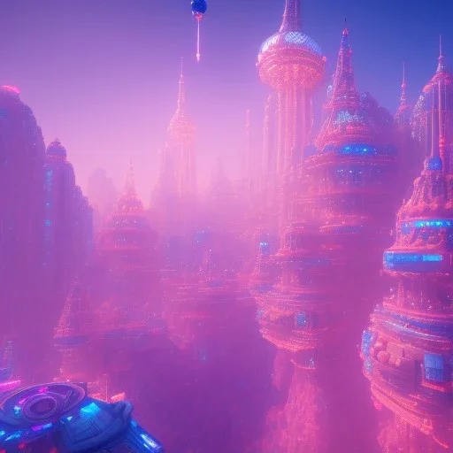 a crystalised blue pink futuristic city suspended in the air, gold, diamonds, lightbeams, sunny atmosphere, realistic, unreal engine, 8k. Cinematic lighting, octane render.