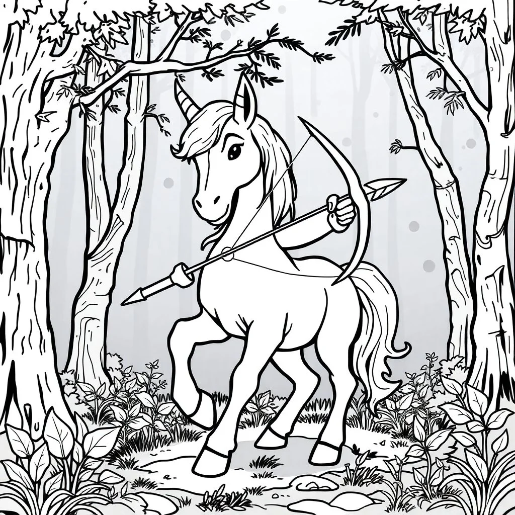 Centaur, in Greek mythology, a race of creatures, part horse and part man. Make black and white cute drawing of a centaur (part horse and part man) with black bold lines. Only outline, no grayscale. A centaur holding a bow and arrow in an enchanted forest.