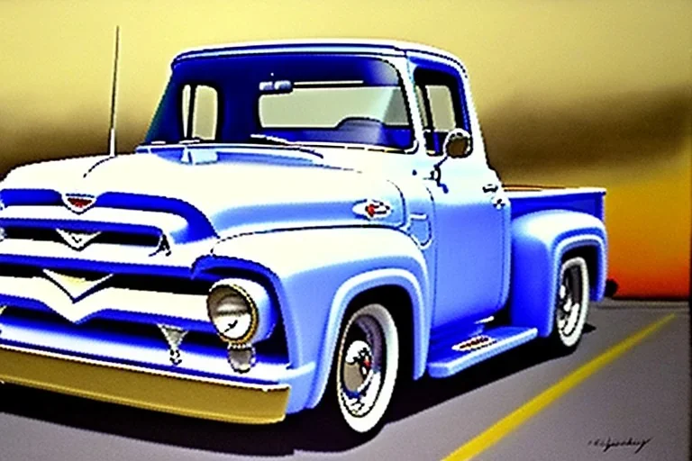 a true-to-life 1956 ford f-100, classic wheels, centered, intricate, extreme detailed, photorealism, center view, suburb background, pivot on ford, pen and color marker, painting by cheryl kelley