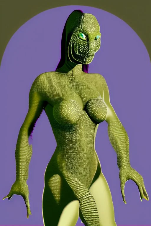 Gina Rodriguez fully transformed into an reptilian female, Keywords: Reptilian alien, radiant scales, multiple evenly spaced breasts. Measurements: Four sets of breasts - 38 inches each, Waist - 26 inches, Hips - 40 inches. Limbs: Four graceful arms, embodying cosmic power. Gina's otherworldly essence captured with enhanced curves, an alluring blend of reptilian beauty, transcending Earthly limitations.