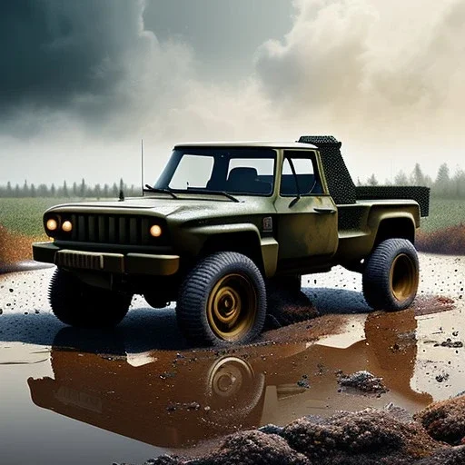 hyperrealistic shot, muddy military toy truck, monotone color palette, sharp focus, puddle reflection, tire water splash, refraction, mist on the horizon, shadowcast, detailed and intricate, cinematic composition, micro, tilt shift photography