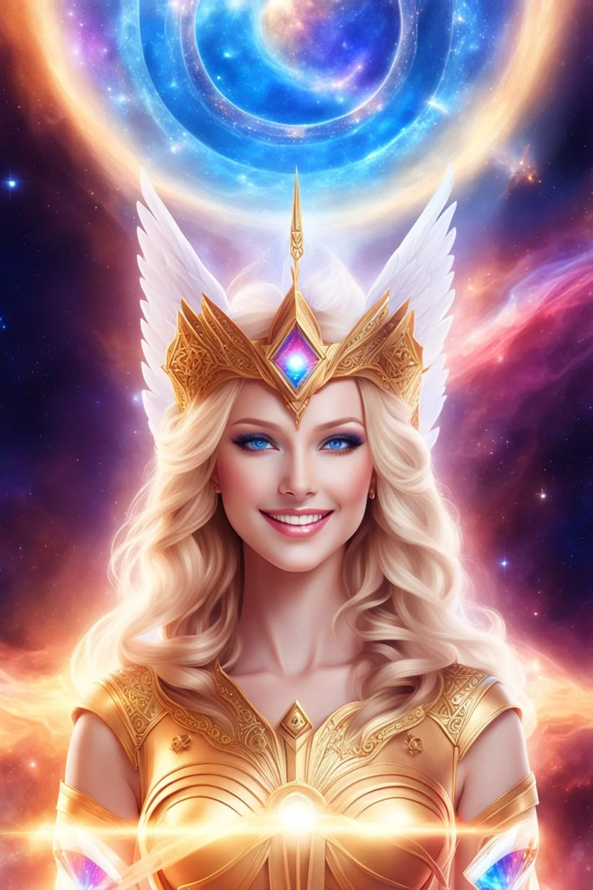 cosmic woman angels smile, admiral from the future, one fine whole face, crystalline skin, expressive blue eyes,rainbow, smiling lips, very nice smile, costume pleiadian, Beautiful tall woman pleiadian Galactic commander, ship, perfect datailed golden galactic suit, high rank, long blond hair, hand whit five perfect detailed finger, amazing big blue eyes, smilling mouth, high drfinition lips, cosmic happiness, bright colors, blue, pink, gold, jewels, realist, high commander,ufo rainbows