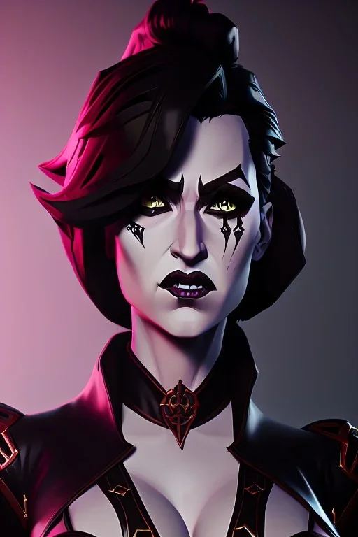 drawing of lisa ann as evil queen in black leather, leather, angry, stern look, volumetric lighting, particales,highly detailed,cinematic, deep colours,8