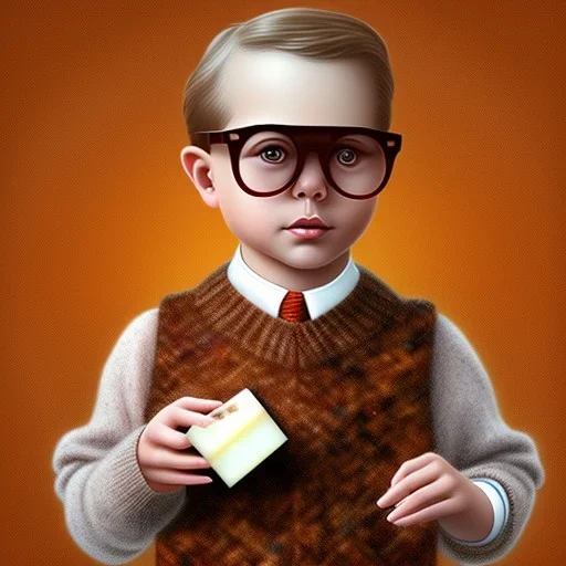 Peter Billingsley chubby kid Tortoise-shell glasses, holding A ((dark red soap bar)) in his hand, brown tweed sweater