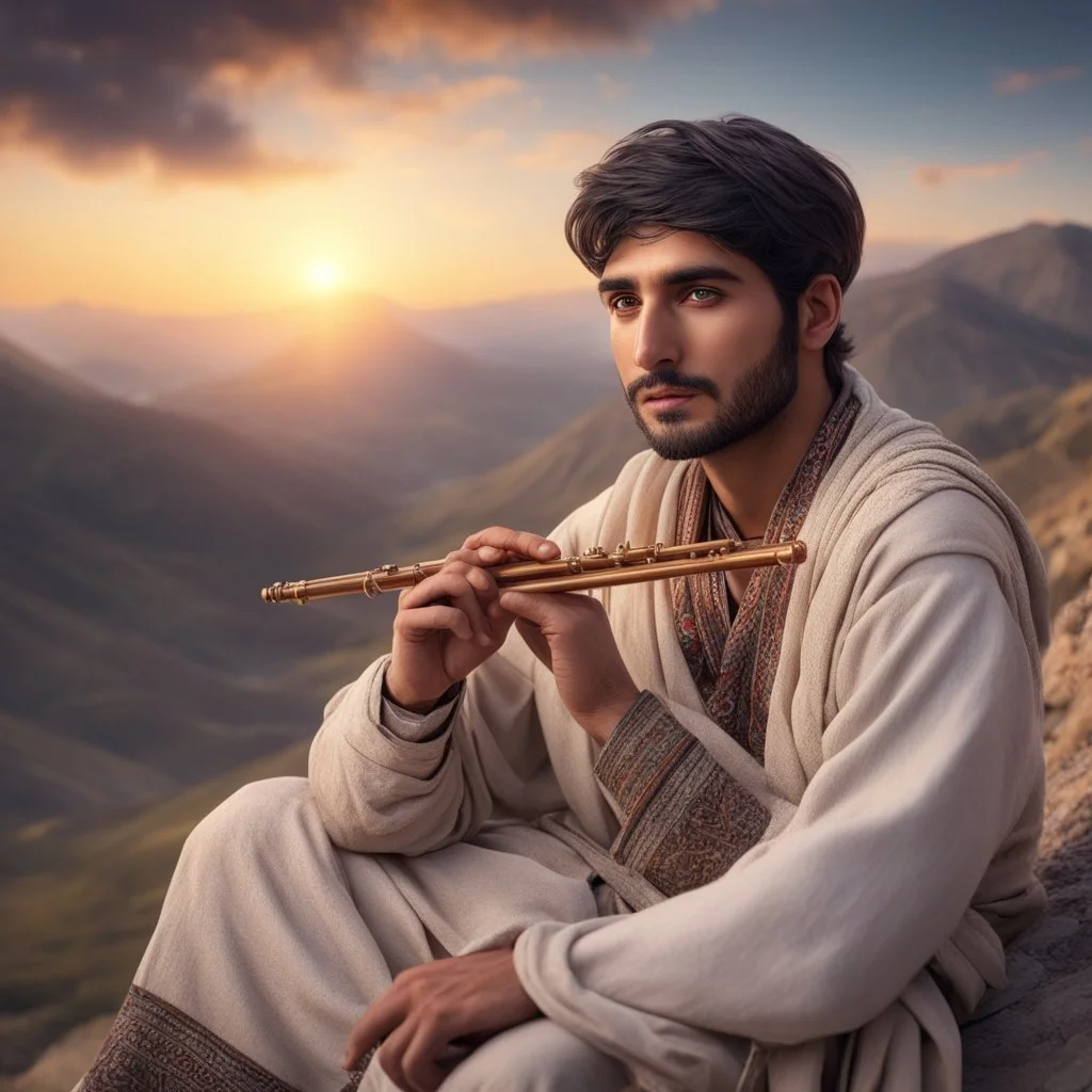 Hyper Realistic close-up-view of a good-looking-young-pashto-man-with-beautiful-eyes playing traditional-flute sitting on mountain at beautiful cloudy sunset with dramatic & cinematic ambiance