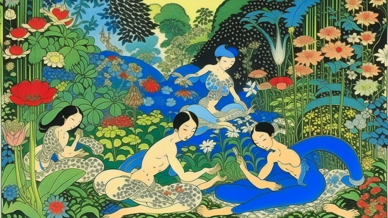 An illustration by Kuniyoshi and Matisse of individuals practicing yoga surrounded by blooming flowers and lush vegetation.