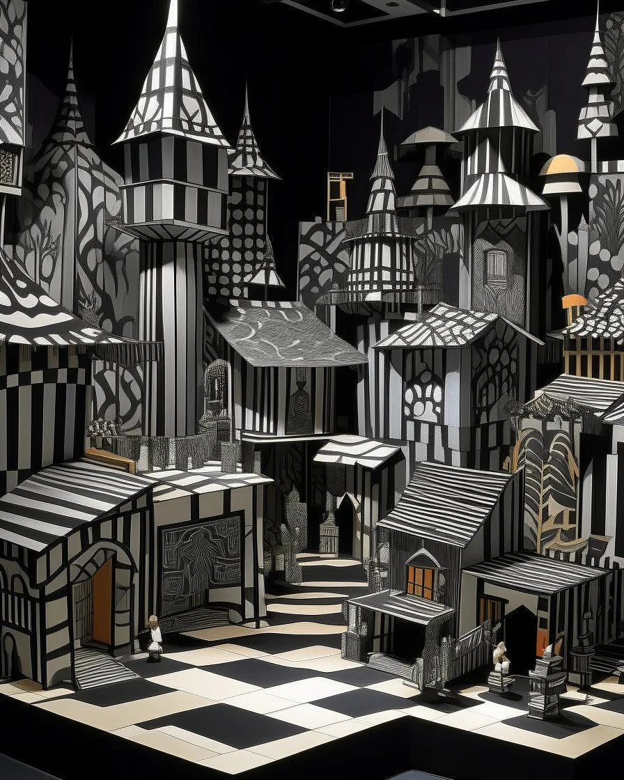 A gray mechanical village made out of steel designed in Javanese shadow puppets painted by Victor Vasarely