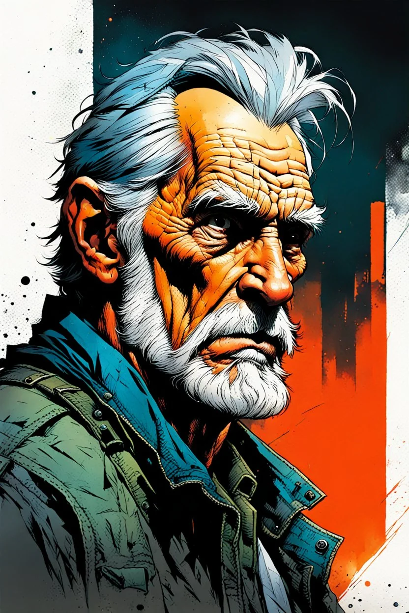 create a 3/4 profile portrait illustration of a an aged grey haired, raggedly dressed, skid row derelict , with highly detailed and deeply cut facial features, in the comic art style of FRANK MILLER and BILL SIENKIEWICZ, searing lines and forceful strokes, precisely drawn, boldly inked, with gritty textures, vibrant colors, dramatic otherworldly lighting