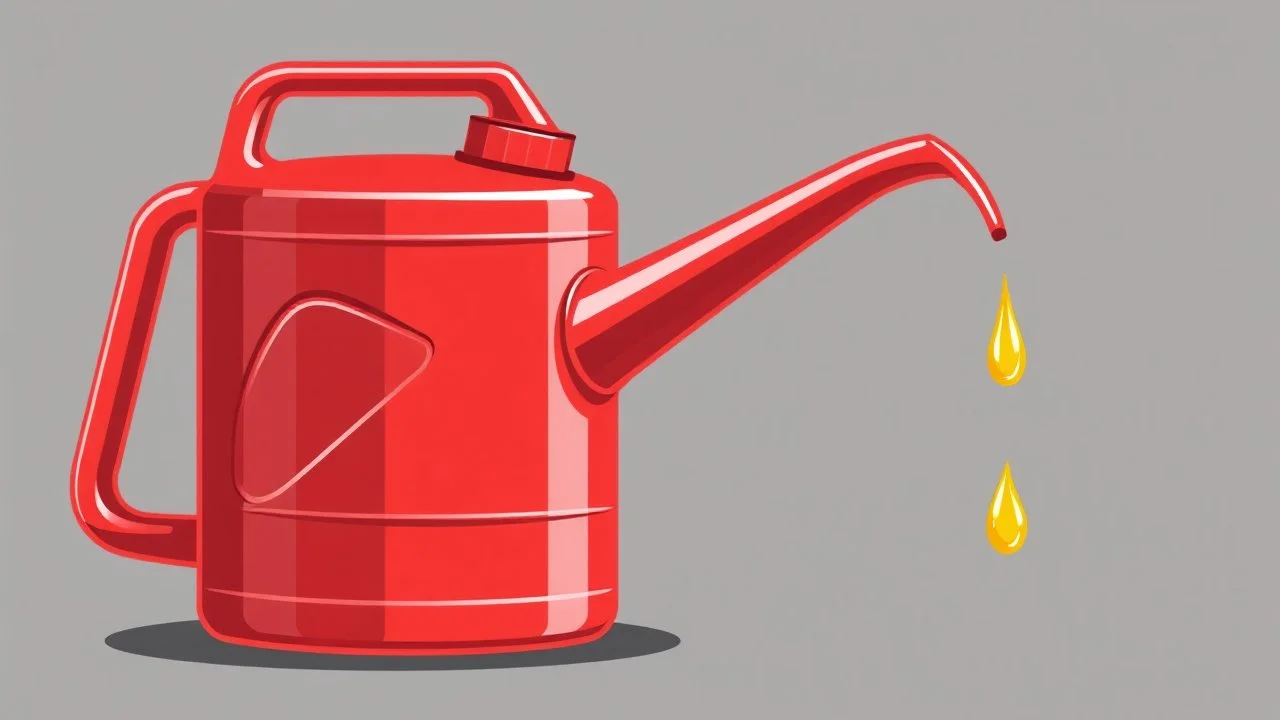 new red oil-can with handle and spout tilted slightly with a drip of oil at the end, vector illustration