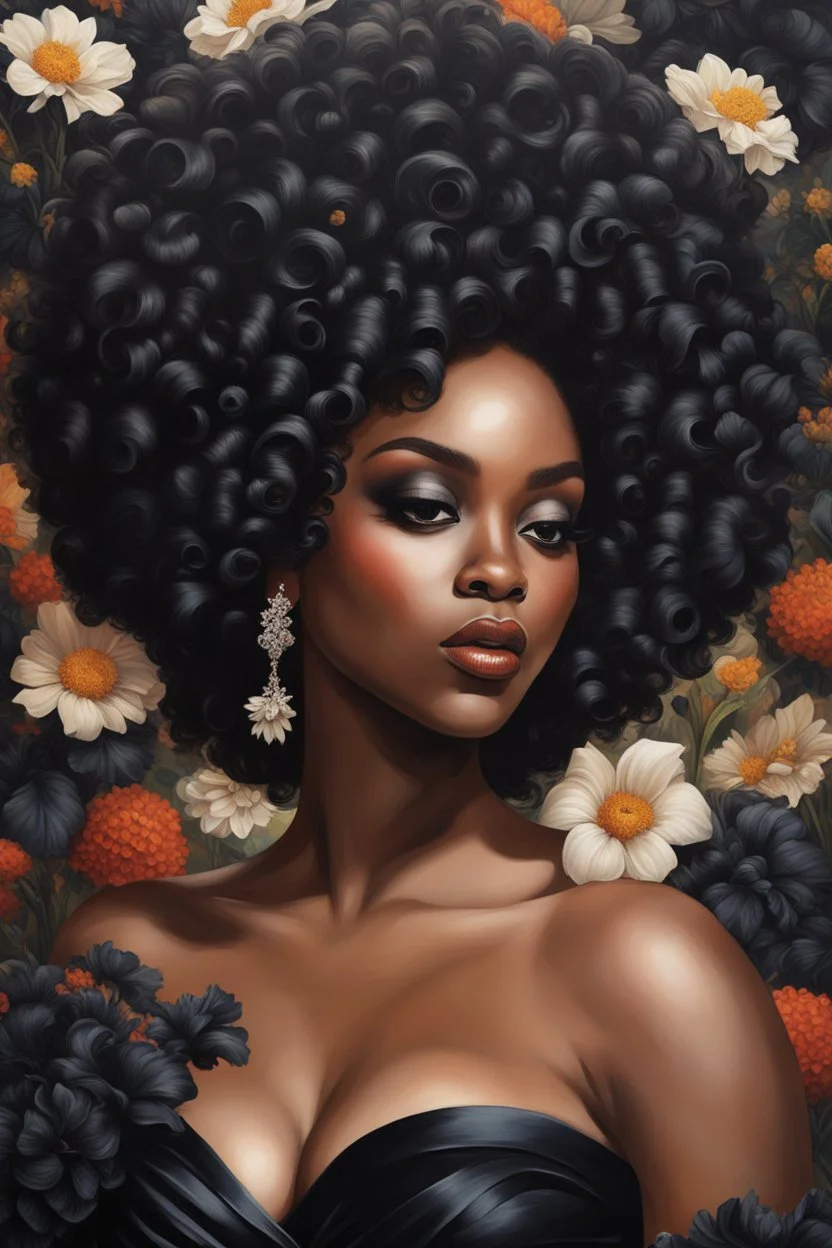 Create an oil painting image of a curvy black female wearing a black off the shoulder blouse and she is looking down with Prominent makeup. Highly detailed tightly curly black afro. Background of large black flowers surrounding her