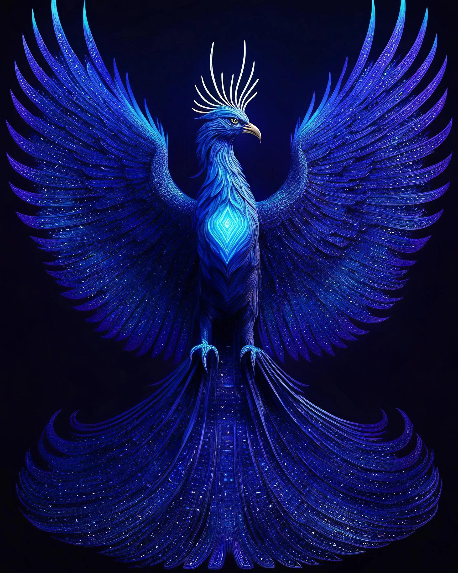 A highly detailed, futuristic digital artwork of a majestic phoenix crafted entirely from computer code and API lines, with glowing blue circuitry pathways and intricate, swirling patterns reminiscent of motherboards and microchips, set against a dark, gradient background that shifts from deep purple to black, evoking a sense of technological sophistication and mystique, the phoenix’s body formed from a mesmerizing tangle of 1s and 0s, its wings outstretched, feathers rendered in shimmering silv