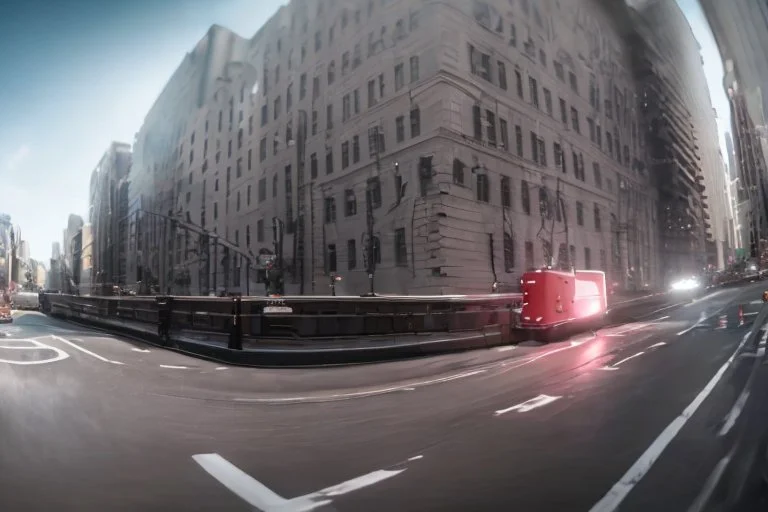 A Tesla 'Semi' (semi truck) is going at a high speed, on 'Wall Street', in New York. (CINEMATIC, WIDE ANGLE LENS, PHOTO REAL)