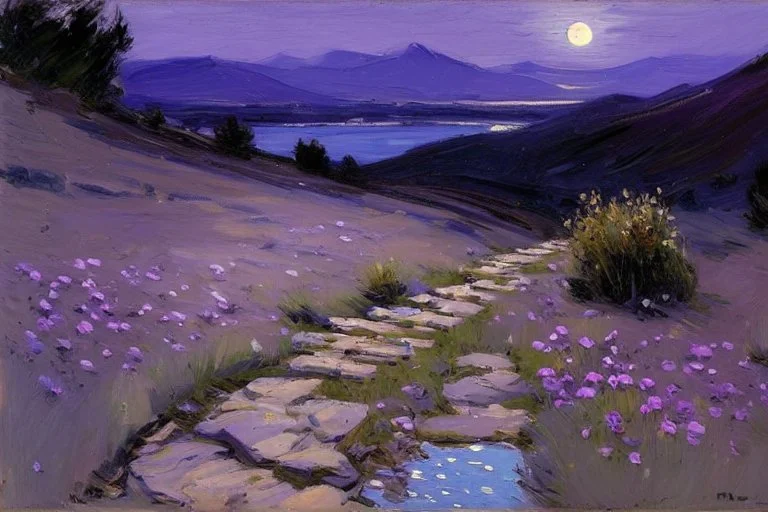 Night, purple flowers, pathway, mountains, rocks, little puddle, theodore robinson impressionism painting