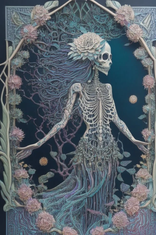 Artwork entitled "Skull Moon Pond Goddess " depicts a partially skeletonized Pond Goddess wearing a gown made from detailed quilling consisting of feathers, foliage, fish scales, flowers, and gemstones appearing inside an archway of quilling growing around her and the skull moon; insanely detailed; quilling; elegant, fantasy, rose tones, beautiful, rapturous