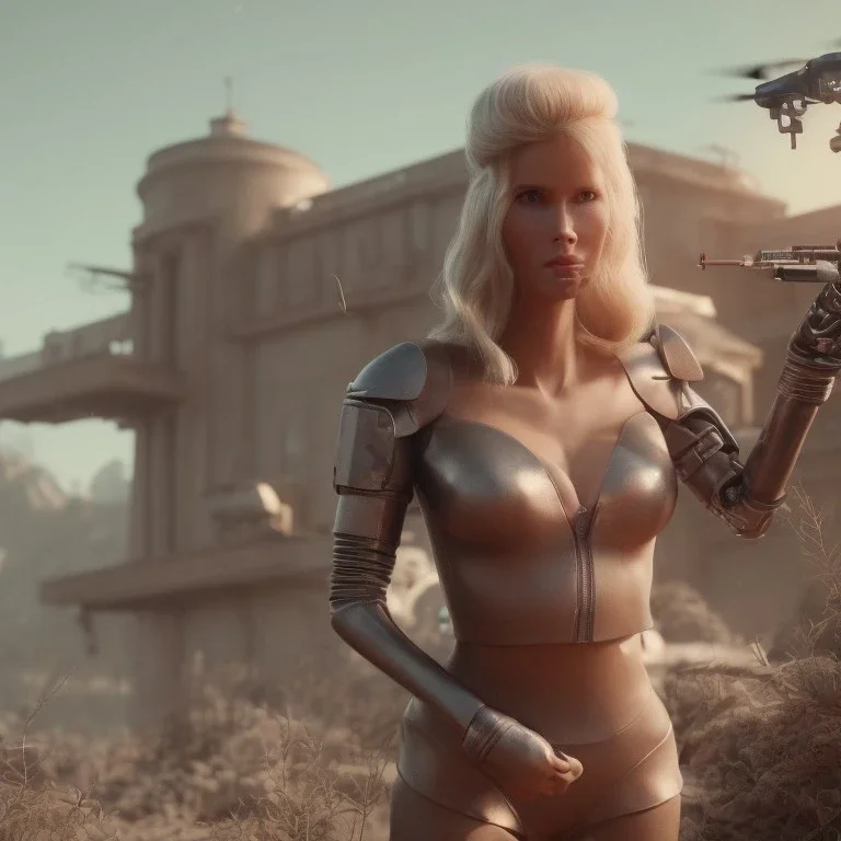 Ultra Realistic retro sci-fi movie scene, waist up view portrait, blonde woman pointing a gun, sweet young Claudia Schiffer face, perfect iris, glow eyes, makeup, weapon. Drones background, Retro sci-fi style, helmet, tight latex coat, fog, rain, soft color, highly detailed, unreal engine 5, ray tracing, RTX, lumen lighting, ultra detail, volumetric lighting, 3d, finely drawn, high definition, high resolution.