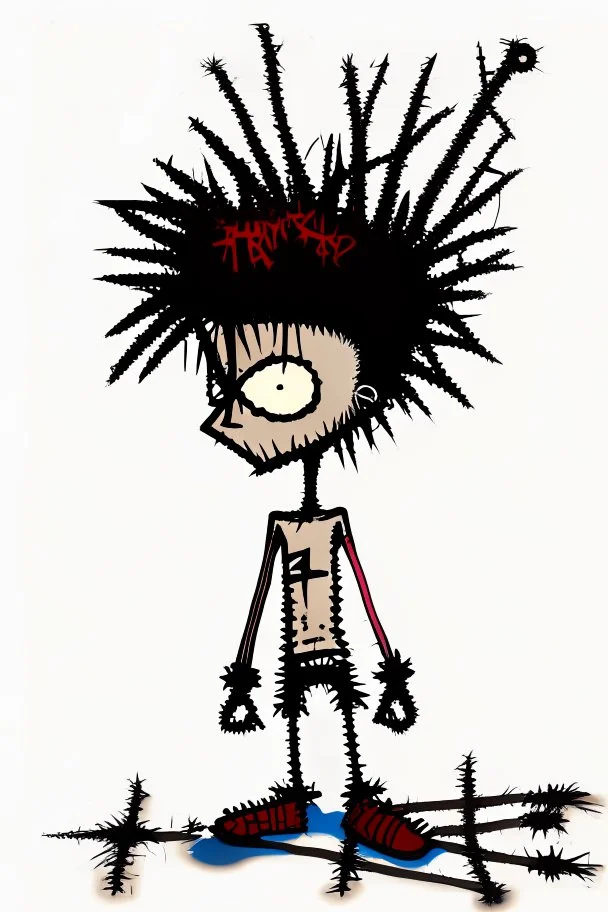 2d drawing of a stickman, cool with punk hair, x eyes like in hangman, laying flat on stomach,backside view,3d realistic in colour