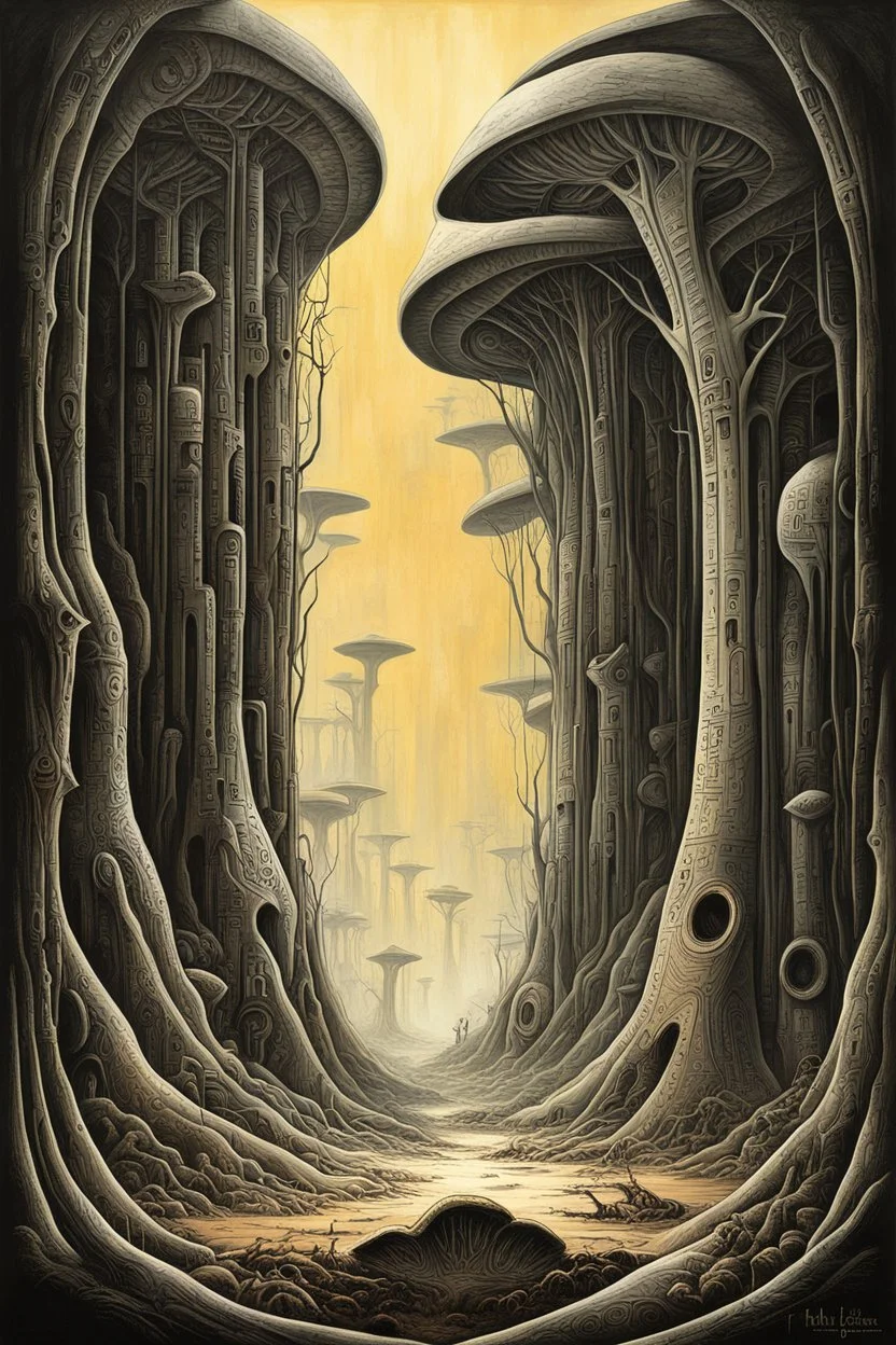 only one tree left, Extensive deforestation, fewer trees, otherworldly bas-relief glyphs on alien deserted planet giant natural rock formations, first contact concept art, abstract surreal sci-fi, by Colin McCahon and Jim Burns and Brian Despain, by H.R. Giger, silkscreened mind-bending illustration ; sci-fi poster art, asymmetric, alien colors, vertical scroll of strange geometric symbols, complex biomorphism, technical biomechanics, futurism