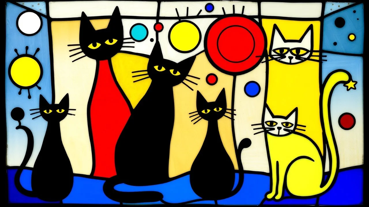 a playful abstract stained glass window in the style of Joan Miró, featuring six minimalist cats made of bold black lines and simplified organic shapes. The composition includes floating eyes, moons, dots, and stars in primary colors — red, yellow, blue — mixed with bright green and black. Each cat is reduced to essential forms: circles, curves, sharp ears, long tails, integrated into a colorful, free-flowing pattern. The stained glass has a modern, light-hearted energy, filled with whimsical sy