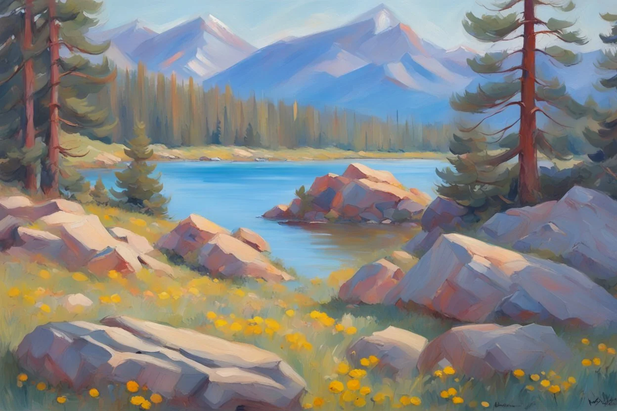 Sunny day, pine trees, mountains, prairie, flowers, lake, rocks, spring, konstantin westchiloff impressionism painting